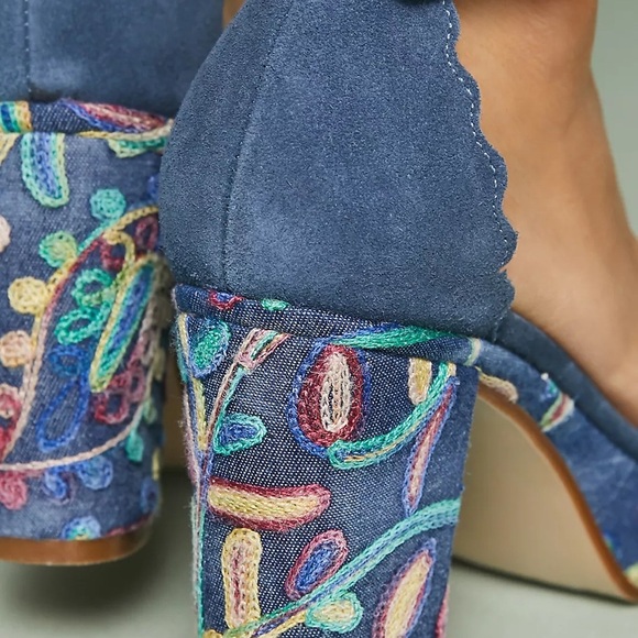 Anthropologie Platform Sandal Heel Womens 9 Ankle Strap Suede Floral Boho Blue - Picture 3 of 11